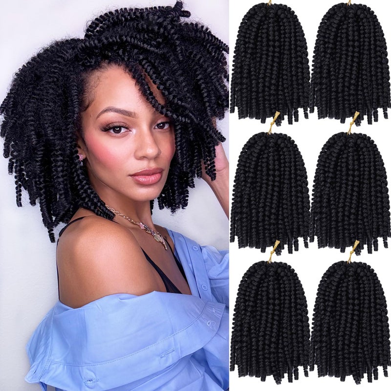 Spring Twist Hair  8 Inch 6 Packs Spring Twists Crochet Hair for Women Black Synthetic Braiding Hair Low Temperature Fluffy Twist Hair Extensions 1B